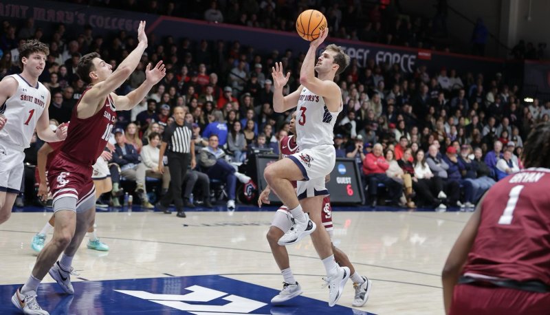 Men's basketball player Augustus Marciulionis shoots against Santa Clara in January 2024