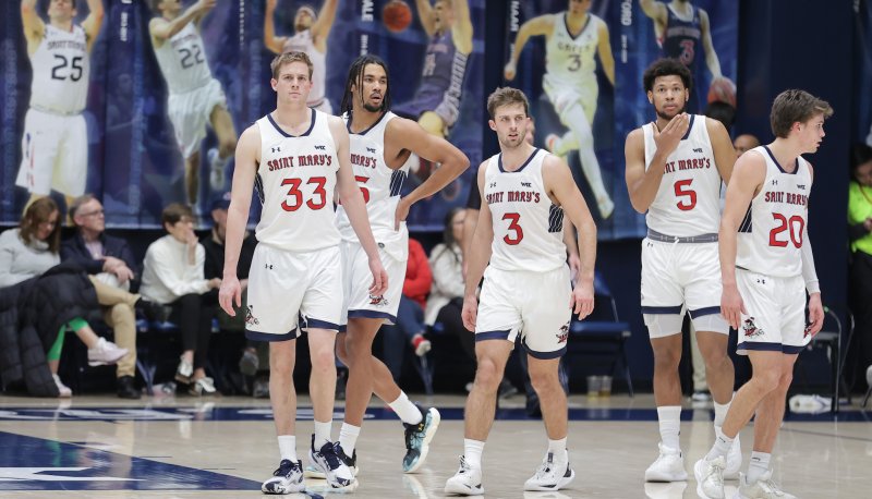 Five men's basketball players walking onto court against LMU in January 2024