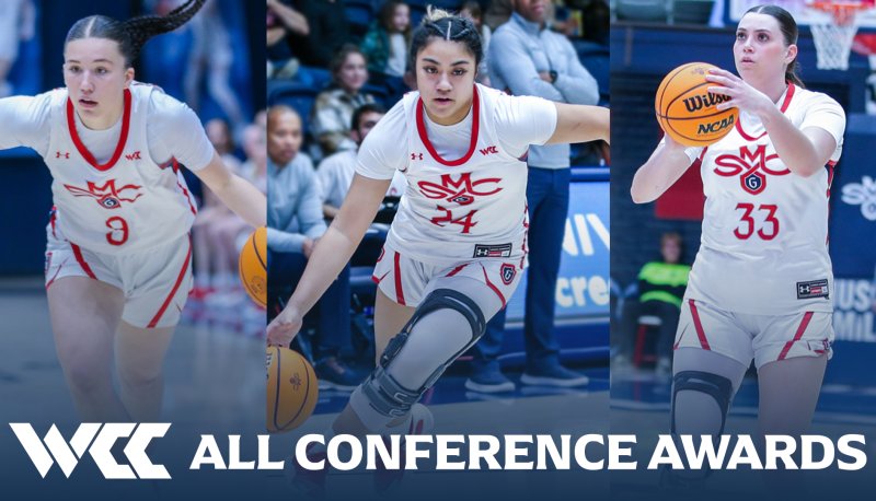 Three women's basketball players and the text WCC All Conference Awards