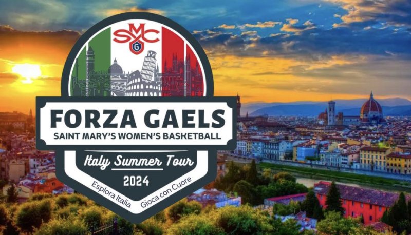 Background photo of Rome with text in foreground: FORZA GAELS. Saint Mary's Women's Basketball Italy Summer Tour 2024