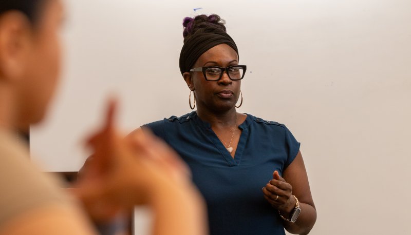 Dr. Talia Moore teaching in the Forensic Psychology program at Saint Mary's in April 2024