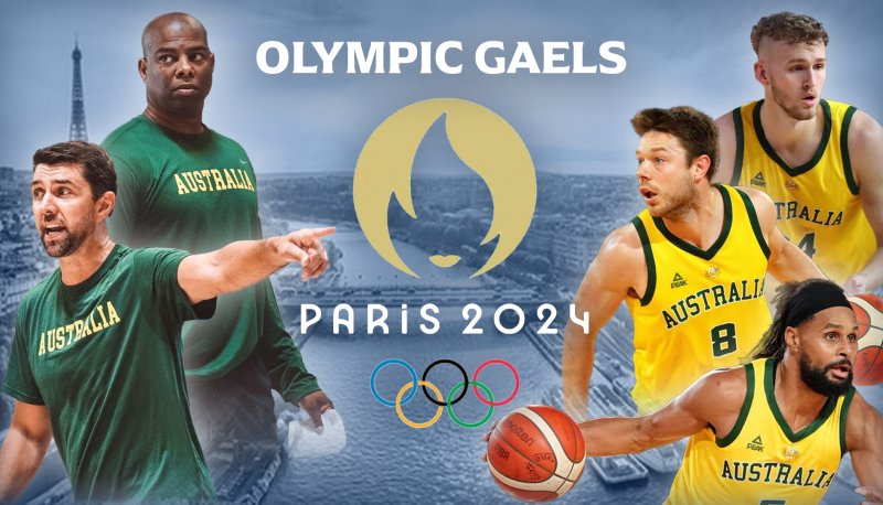 3 basketball players and 2 coaches from SMC with Australian Olympic basketball team, and text OLYMPIC GAELS and PARIS 2024