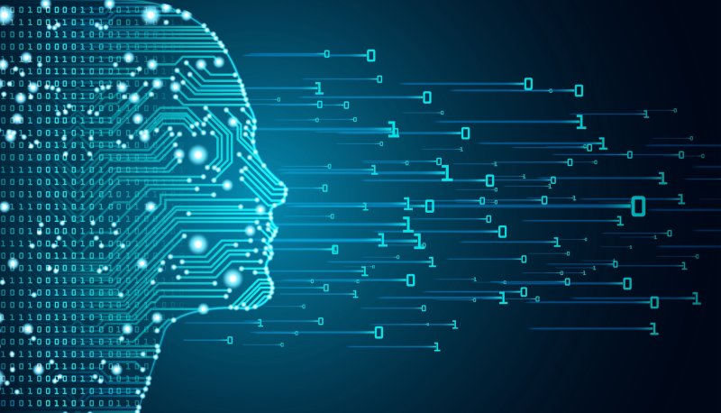 Illustration of a human face becoming 1s and 0s, to represent AI