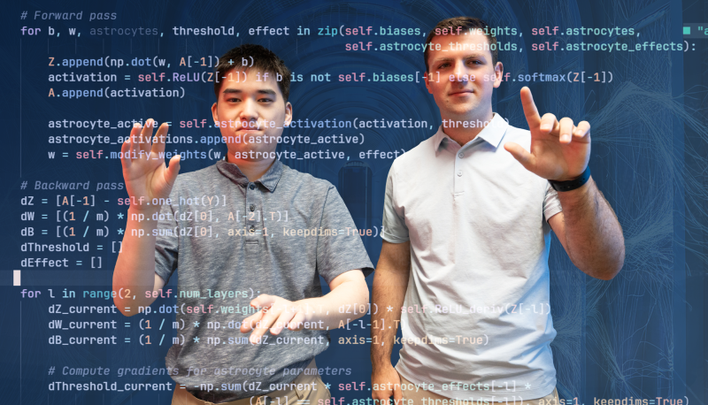 Connor Li and Nate Isaeff with computer code overlaid