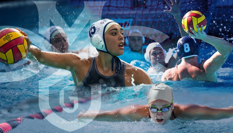 Collage of images showing women and men playing water polo and swimming