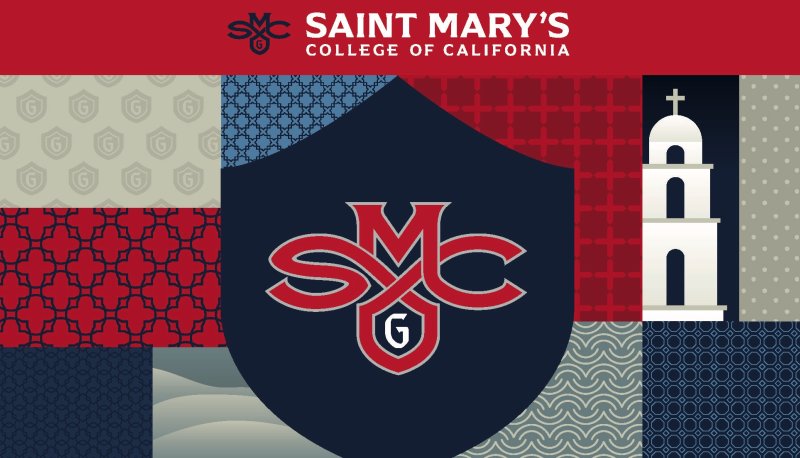 Graphic treatment of Saint Mary's logo and chapel with text