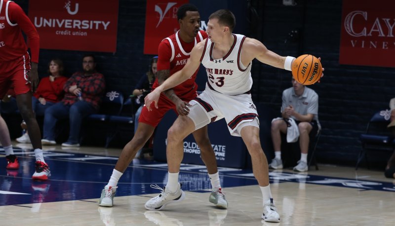Basketball player Paulius Murauskas prepares to shoot against Arkansas State in November 2025