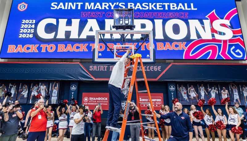 Sign saying Saint Mary's Basketball Champions and coach Randy Bennett with players and spirit team