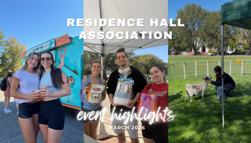 A three-panel collage titled “Residence Hall Association Event Highlights – March 2026.” The left image shows two students smiling and holding drinks in front of a teal coffee truck on a sunny day. The center image shows three students standing under a tent, smiling and holding gift baskets and snacks. The right image shows a student crouching on grass, gently interacting with a small goat inside a fenced outdoor area, with trees and campus buildings in the background.