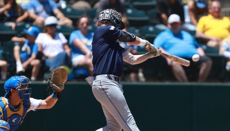 Baseball player hits against UCLA in NCAA Regional in May 2026