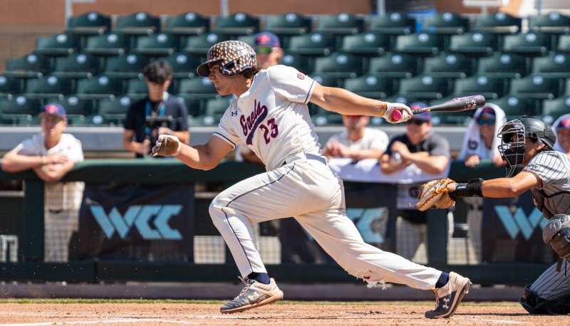 Baseball player Makoa Sniffen hits against Pacific in 2026 WCC Tournament