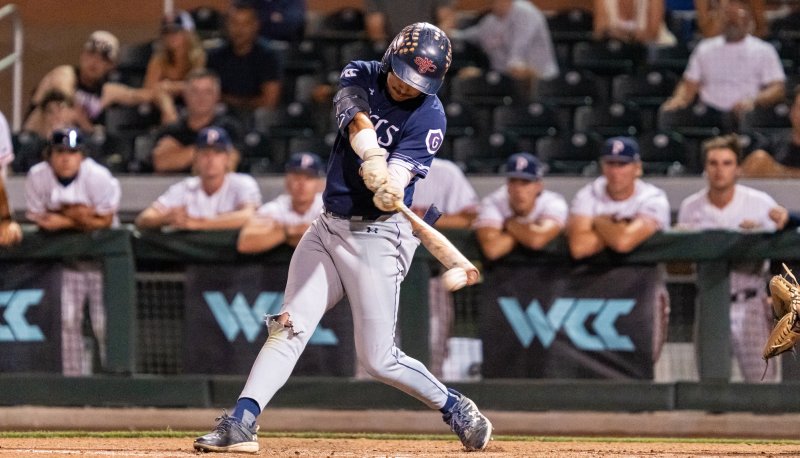 Baseball player Diego Castellanos hits against Pepperdine in WCC Tournament in May 2026