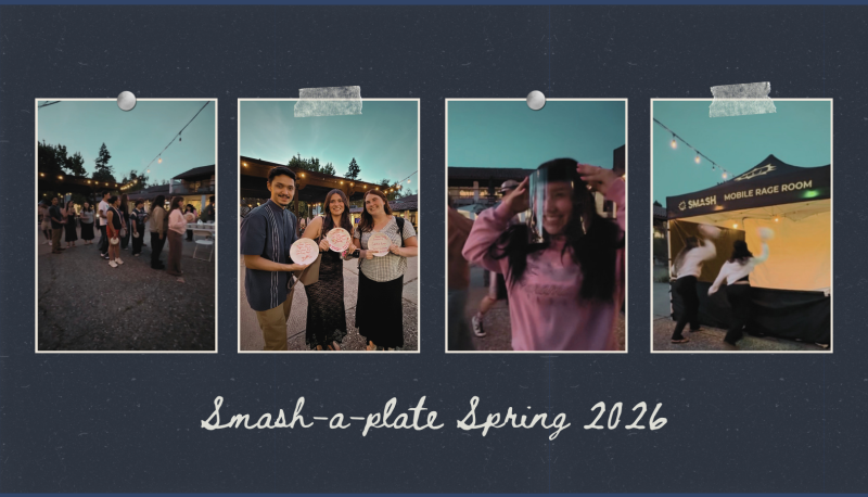 A collage-style graphic on a dark blue textured background featuring four Polaroid-style photos from a nighttime campus event called “Smash-a-Plate Spring 2026.” The photos show students gathered outdoors under string lights, three students smiling and holding decorated plates, a student putting on a protective face shield, and students throwing plates inside a mobile rage room tent. Decorative tape and pushpin graphics give the design a scrapbook aesthetic, with the event title written in large white scrip