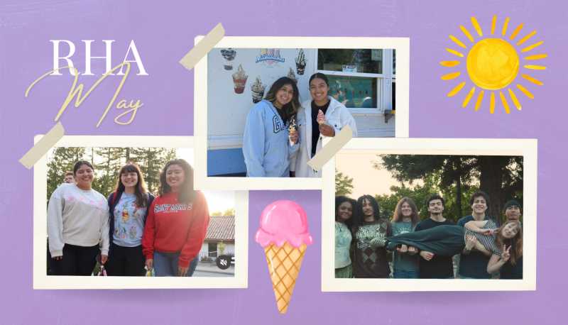 Graphic for “RHA May” featuring a purple textured background with scrapbook-style photo frames taped onto the page. Three photos show groups of students smiling and spending time together outdoors, including two students holding ice cream cones in front of an ice cream truck and a group of friends posing together. Decorative elements include a bright yellow sun illustration and a pink ice cream cone graphic, creating a fun, summery theme.