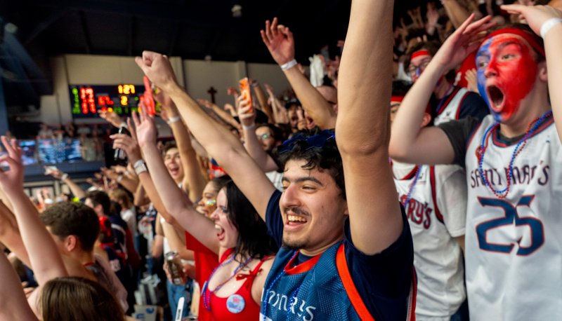 Student fans cheering in the stands at SMC vs. Gonzaga in February 2026