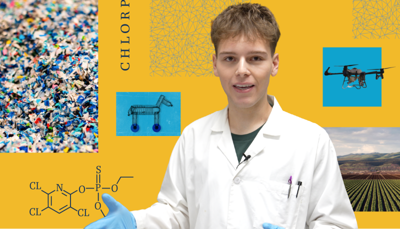 Aidan Ellis posing before collage related to microplastics and pesticides
