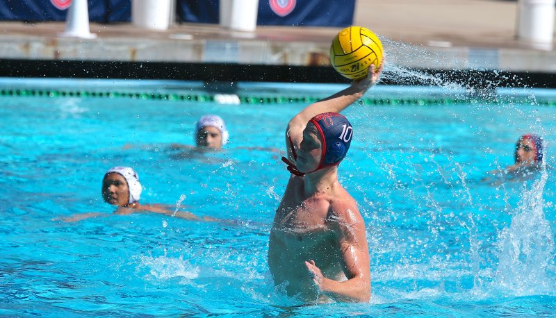 Saint Mary's Men's Water Polo Player Hamish Ellison shoots against Whittier in September 2026