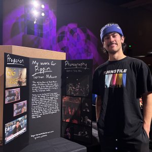 Tiernan McKevitt displays his projection and photography work for PIPPIN at the Bay Area Bread Bowl