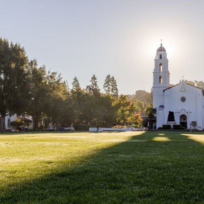 The Saint Mary's Chapel with a green lawn in front of it