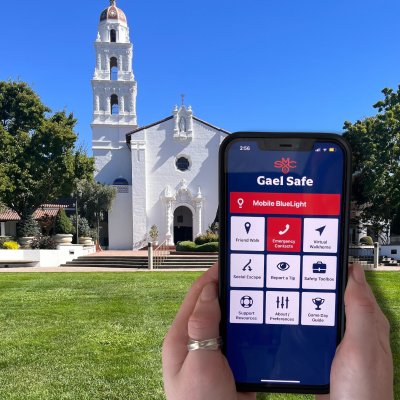 Gael Safe in front of Chapel