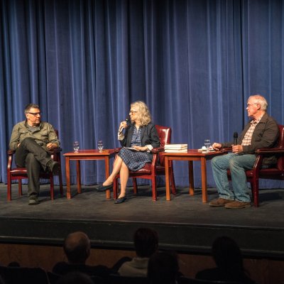 Matthew Zapruder, Brenda Hillman, and Robert Hass '63 onstage at LeFevre Theater