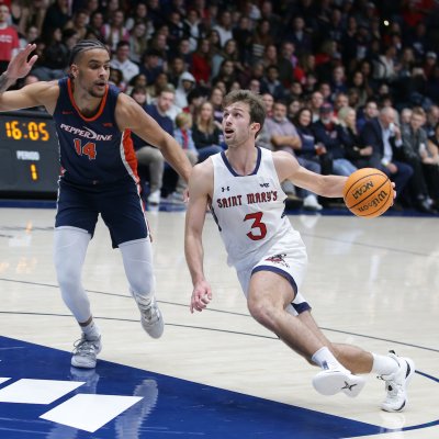 Men's basketball player Augustas Marciulionis drives against Pepperdine in February 2024e