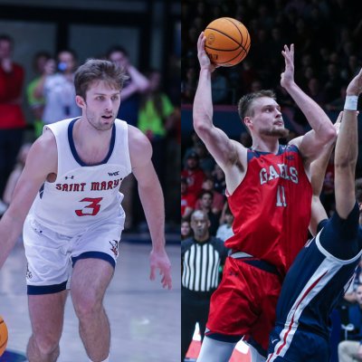 Five men's basketball players and the text "WCC All Conference Honors"