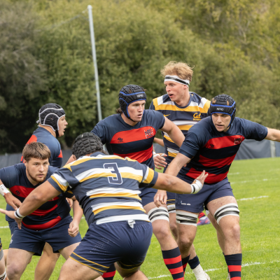 Pictured from left to right, King Matu ‘24, Hunter Chuhlantseff ‘24 MA, Matthew Abbes ‘26 and Cathal Coakley ‘24 are ready to attack while UC Berkeley attempt to pass the ball. / Photo by Rebecca Harper