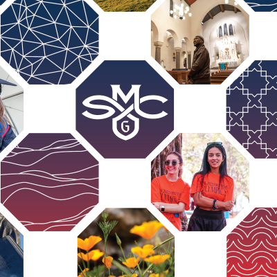 Saint Mary's College of California logo and hexagons with images of students, alumni, and campus