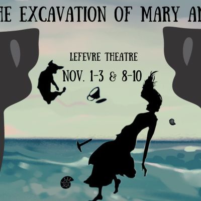 Woman, representative of Mary Anning, and dog falling off a cliff into an ocean