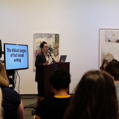 Lauren Markham delivering a craft talk.