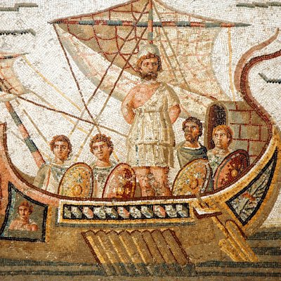 Odyssey mosaic image on boat at sea