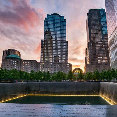 9/11 Memorial in New York City at sunset