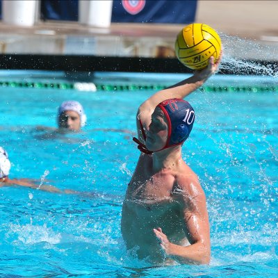 Saint Mary's Men's Water Polo Player Hamish Ellison shoots against Whittier in September 2026