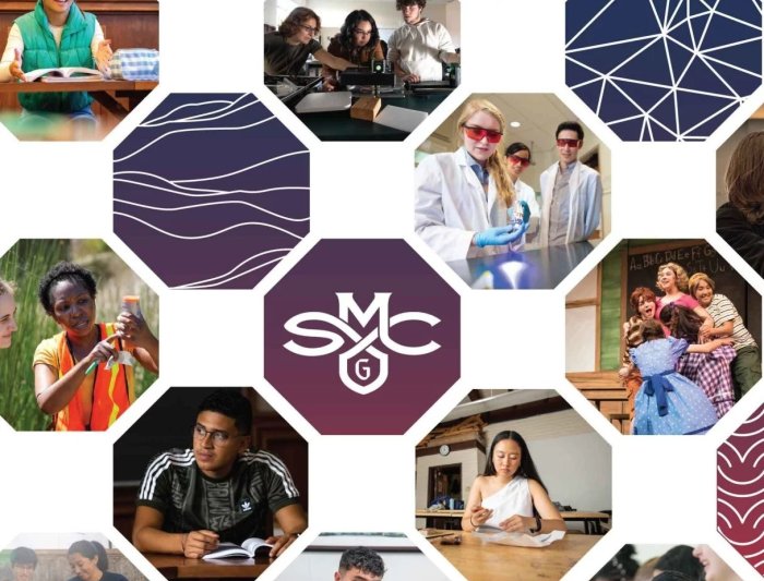 Hexagrams with patterns and photos of students and faculty