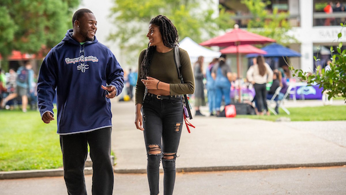Students walking around campus